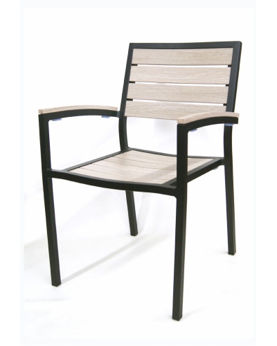 Black Frame Grey Brown Teak Slat Arm Chair