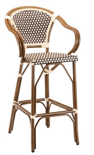 Rattan Arm Brown Ivory Bar Stool w/ Back Seat