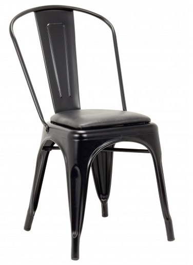 Industrial Metal Chair, Black Clear Finish, Black Padded Seat, foot glides